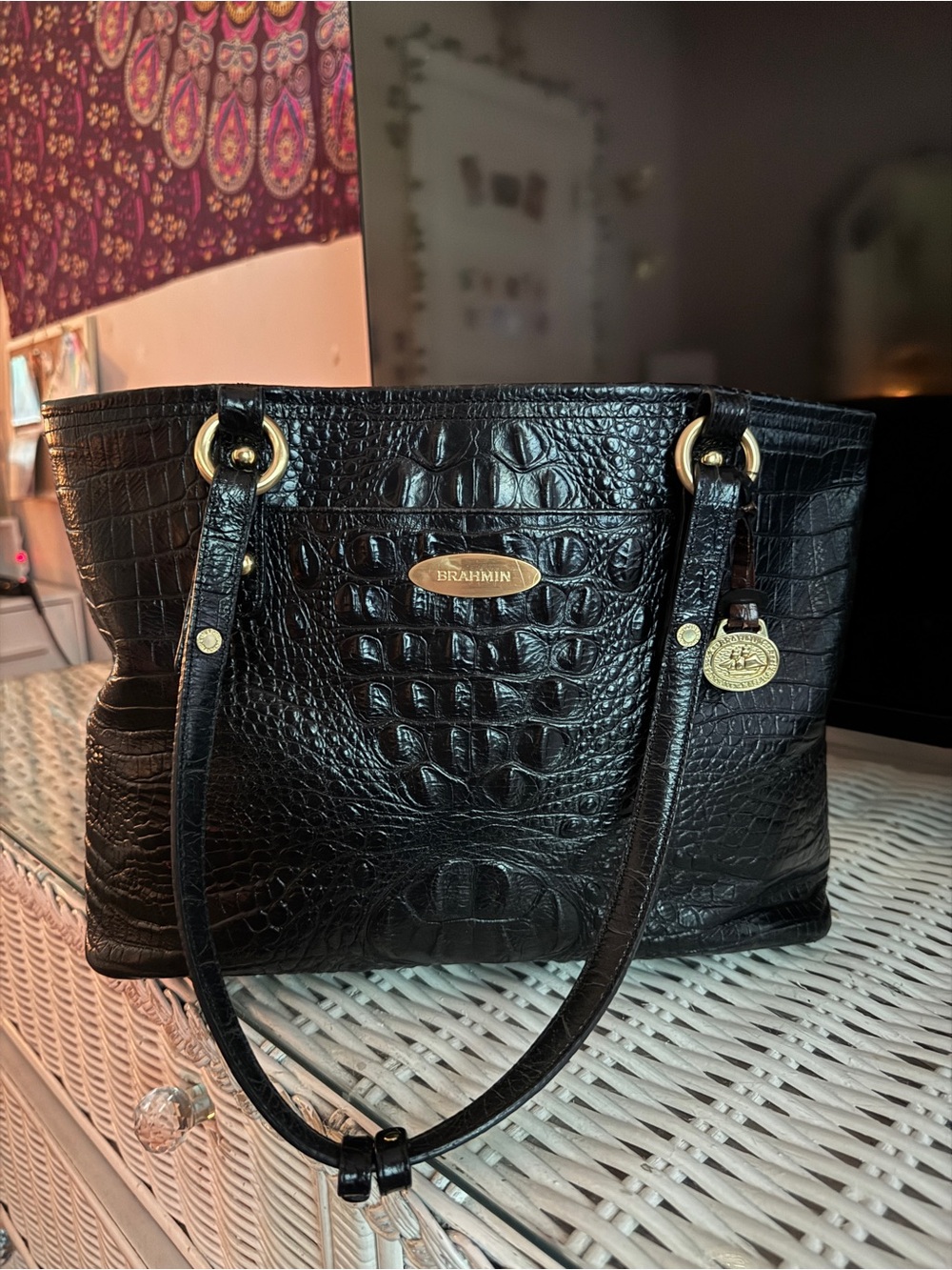 Brahmin Black Melbourne Medium Asher Crocodile Embossed Leather Tote Bag